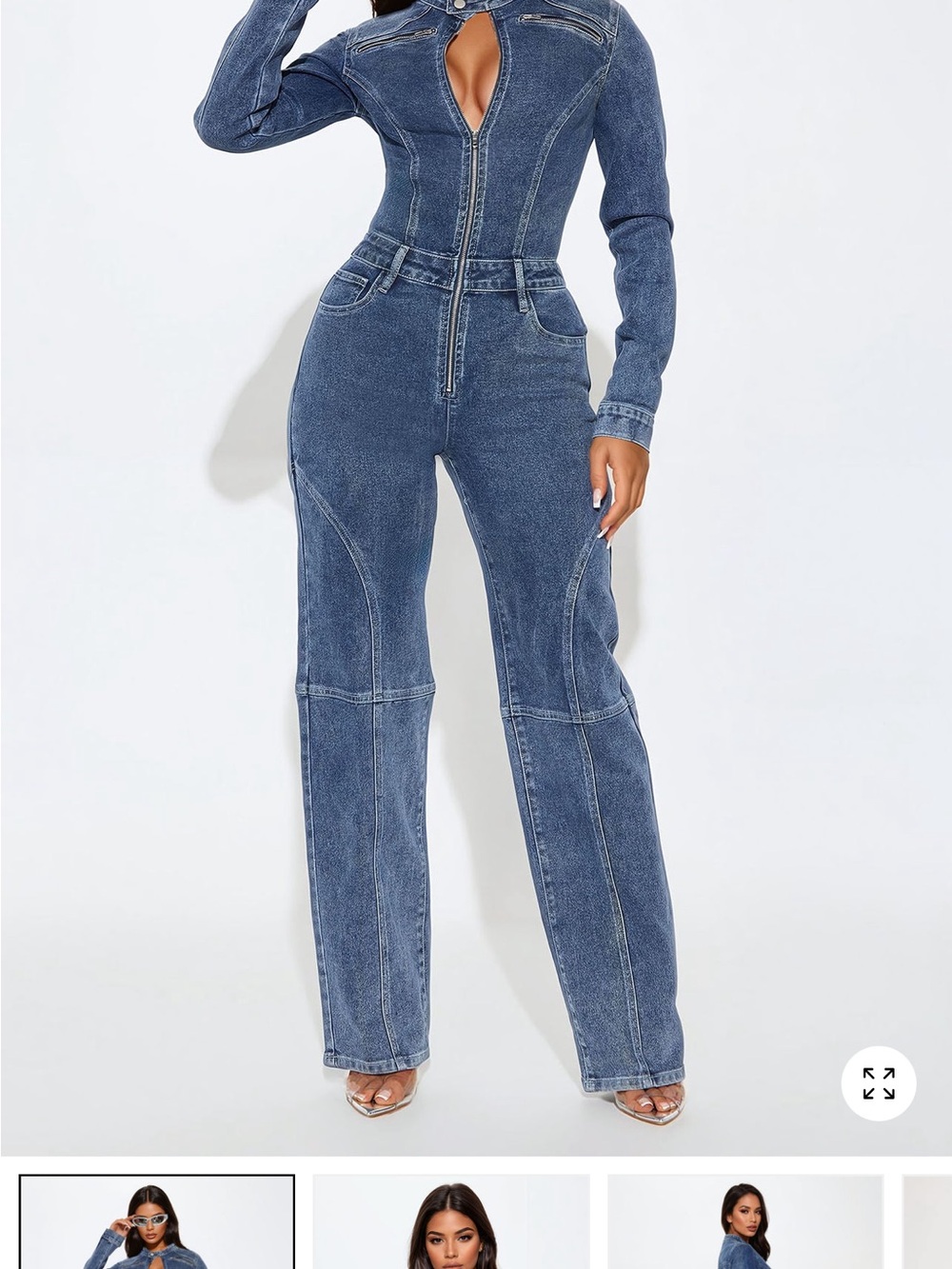 Fashion Nova Washed Grey Denim Long-Sleeve Jumpsuit with Keyhole Zip